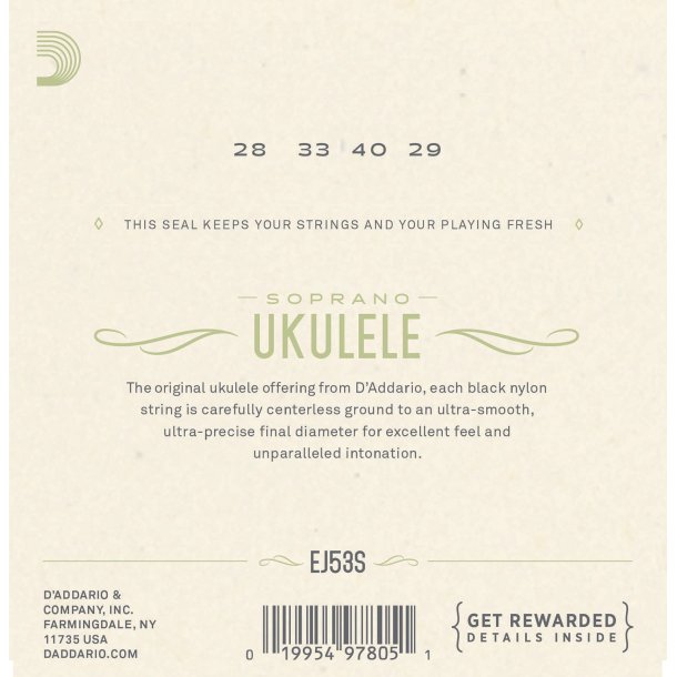 D'Addario EJ53S Ukulele Sopran Hawaiian Black Nylon